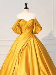 Gold Satin Floor Length Off Shoulder Party Dress