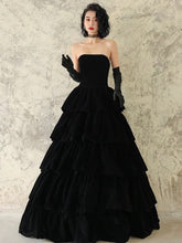 Black Velvet Layers Strapless Long A-Line Prom Dress