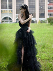 Lovely Black Tulle Long Prom Dress with Leg Slit