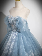 Blue A-line Lace and Tulle Long Formal Dress