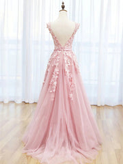 Precioso vestido de fiesta largo con escote redondo de tul rosa