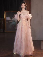 Vestido de fiesta de corte A con escote en forma de corazón de tul rosa y lentejuelas