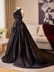 Black Satin Haler Open Back Long Prom Dress
