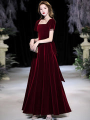 Wine Red Velvet Short Sleeves Party Dress