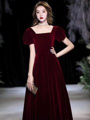 Wine Red Velvet Short Sleeves Party Dress