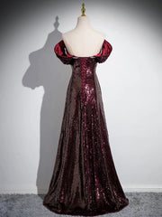 Vestido de fiesta largo con cuentas y lentejuelas color granate, corte A