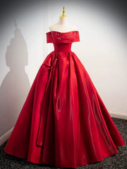 Vestido formal largo con cordones y hombros descubiertos de satén rojo