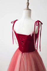 Vestido de fiesta largo de tul rosa con tirantes degradados y corte A