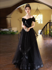 Vestido de fiesta largo de tul y terciopelo negro con escote en forma de corazón, vestido de fiesta negro de manga corta