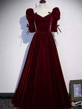 Vestido de fiesta de boda de terciopelo rojo vino con mangas cortas y corte A
