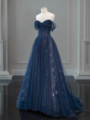 Vestido de fiesta largo de tul azul marino con escote en forma de A y escote en forma de corazón