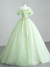 Vestido de fiesta de tul verde claro con flores, corte A
