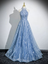Vestido de fiesta largo con espalda descubierta, corte A, de tul y cuentas, estilo halter