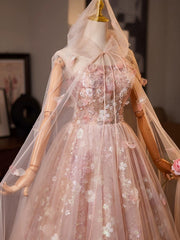 Vestido de fiesta largo hasta el suelo de tul rosa con encaje y corte en A