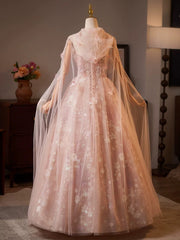 Vestido de fiesta largo hasta el suelo de tul rosa con encaje y corte en A