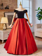 Vestido de fiesta de satén con hombros descubiertos en rojo y negro
