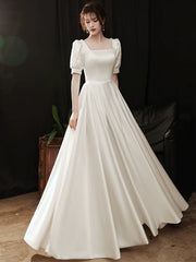 Vestido de fiesta de boda de satén blanco con mangas cortas y corte en A