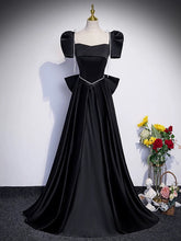 A-line Black Satin Short Sleeves Party Dress