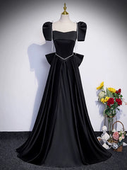 A-line Black Satin Short Sleeves Party Dress
