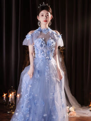 Light Blue Flowers Tulle Party Dress