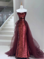 Wine Red Sequins and Tulle Mermaid Long Party Dress