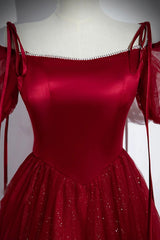 Precioso vestido de fiesta de corte A en tul y lentejuelas color rojo vino