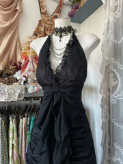 Lindo vestido de fiesta de encaje negro con escote en V y corte A
