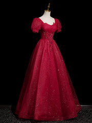 Wine Red Beaded Short Sleevs A-line Party Dress