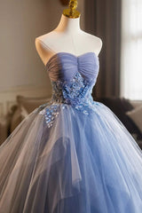 Blue Sweetheart Tulle Strapless Long Prom Dress