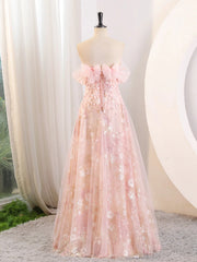 Precioso vestido de fiesta rosa de tul y encaje con corte A y hombros descubiertos