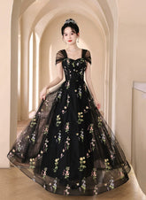 Black Floral Off Shoulder Tulle Long Prom Dress
