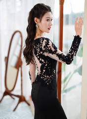 Black Mermaid Long Sleeves with Lace Wedding Party Dress