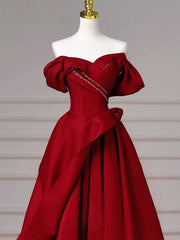 Wine Red Long Off Shoulder Beaded A-line Prom Dress