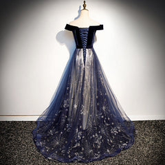 Navy Blue Tulle Off Shoulder Velvet Top Long Party Dress