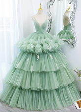 Light Green Tulle Layers Low Back Prom Dress