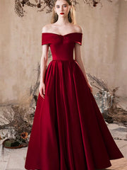 Vestido de fiesta rojo vino con corte A, hombros descubiertos y largo hasta el suelo