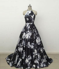 Black Floral Halter Ball Gown Party Dress