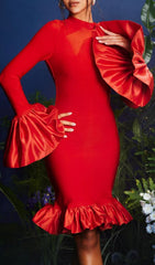 Omiros Elegant Red Flounce Sleeve Bodycon Midi Dress