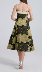 Faylinn Elegant Golden Floral Brocade Midi Dress with Pearl & Bow Details