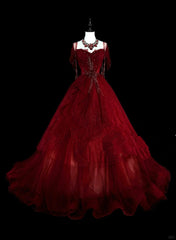 Wine Red Sweetheart Beaded Tulle Formal Dress