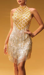 Caelumara Dazzling Gold Sequin & Fringe Halter Mini Dress