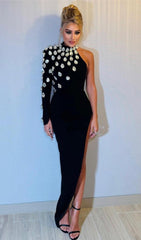 Aubree Luxe Crystal Embellished Asymmetrical Black Maxi Dress