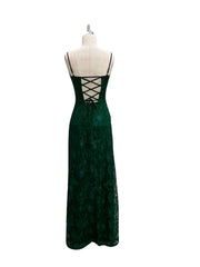 Vestido de fiesta verde oscuro con encaje, tirantes finos y espalda baja