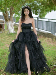 Lovely Black Tulle Long Prom Dress with Leg Slit