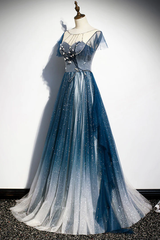 Vestido de fiesta largo de tul azul con cuentas y corte A