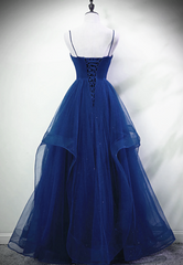 Blue A-line Straps Tulle Layers Long Party Dress