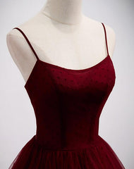 Vestido de noche largo con tirantes de tul rojo vino, vestido de fiesta, vestido de fiesta rojo vino