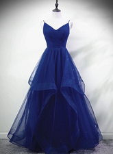 Blue A-line Straps Tulle Layers Long Party Dress