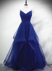 Blue A-line Straps Tulle Layers Long Party Dress
