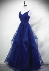Blue A-line Straps Tulle Layers Long Party Dress